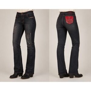 MTL Jeans Women's Size 5/6 Dark Wash Studded‎ Patch Straight Bootcut Jeans Y2K